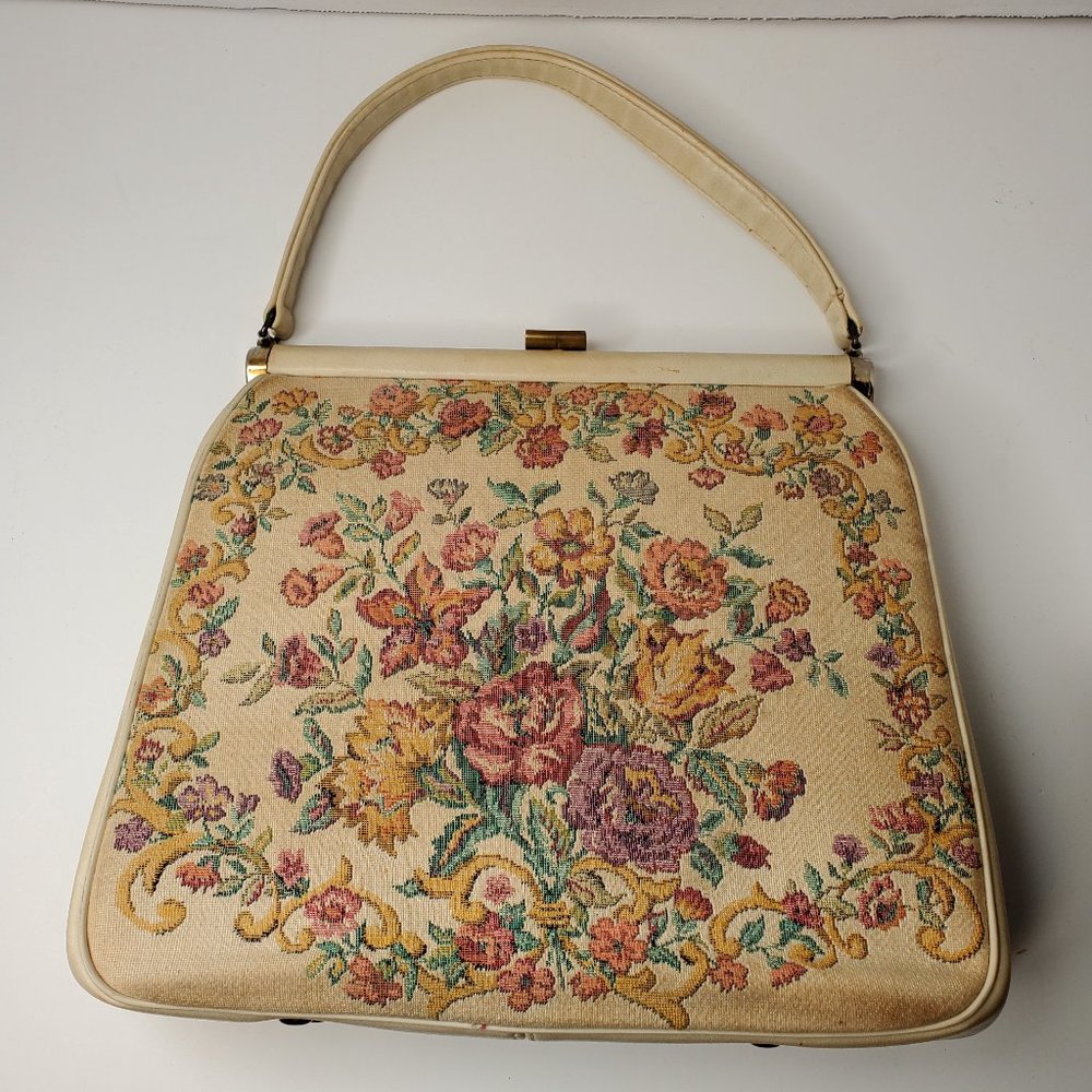 Vintage Ladies 1960's embroidered and leather purse cream, brass clasp, coin pur